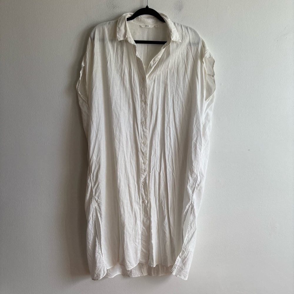 Uniqlo Sz XS Relaxed Oversized Linen Blend White Button Front Shirt Midi Dress - Picture 2 of 12